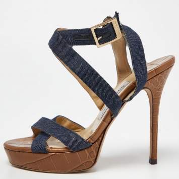Pre Owned Jimmy Choo Navy Blue Denim Vamp Platform Sandals Size 38