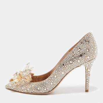 Pre Owned Jimmy Choo Gold Satin Alia Crystal Embellished Pointed Toe Pumps Size 38