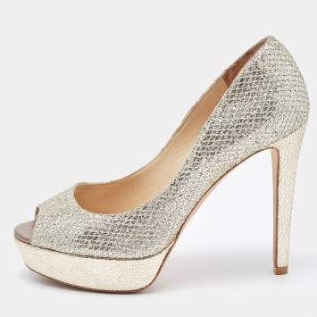 Pre Owned Jimmy Choo Silver/Gold Glitter Luna Peep Toe Pumps Size 36