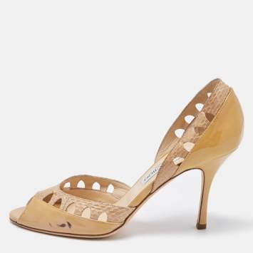 Pre Owned Jimmy Choo Two Tone Patent and Snakeskin Peep Toe D'orsay Pumps Size 40.5 