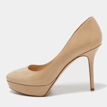 Pre Owned Jimmy Choo Beige Patent Leather Cosmic Platform Pumps Size 37