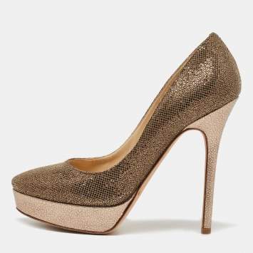 Pre Owned Jimmy Choo Gold Glitter and Leather Cosmic Platform Pumps Size 37.5