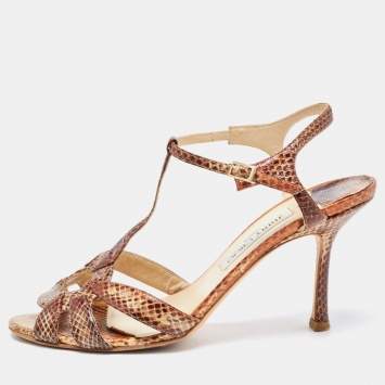 Pre Owned Jimmy Choo Brown Snakeskin T-Bar Ankle Strap Sandals Size 39.5