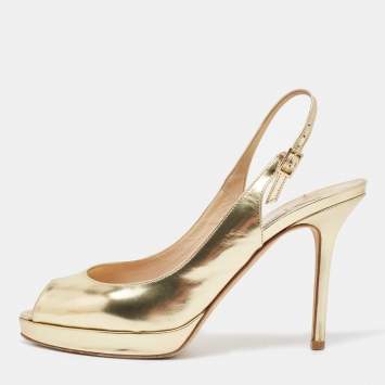 Pre Owned Jimmy Choo Gold Leather Nova Slingback Peep Toe Pumps Size 37.5