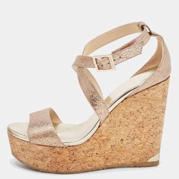 Pre Owned Jimmy Choo Metallic Gold Leather Cork Wedge Sandals Size 37