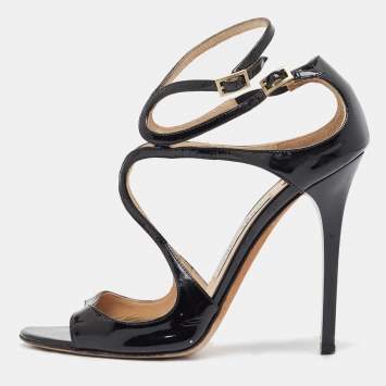 Pre Owned Jimmy Choo Black Patent Lance  Strappy Sandals Size 37.5