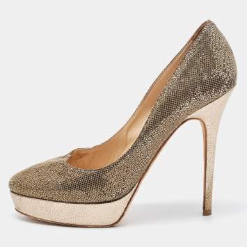 Pre Owned Jimmy Choo Metallic Glitter Fabric Platform Pumps Size 39.5 