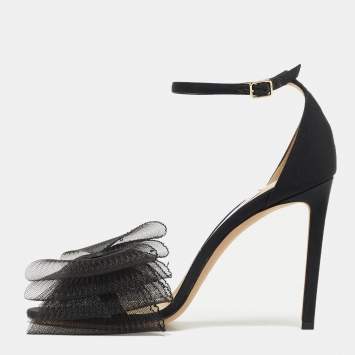 Pre Owned Jimmy Choo Black Fabric and Mesh Aveline Ankle Strap Sandals Size 38.5 