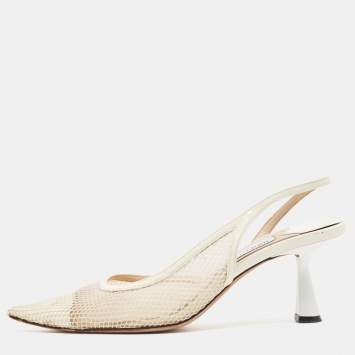 Pre Owned Jimmy Choo Off White Mesh and Patent Leather Fetto Slingback Pumps Size 39