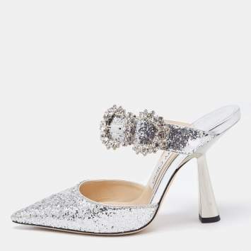 Pre Owned Jimmy Choo Silver Coarse Glitter Smokey Mules Size 36