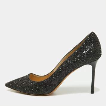Pre Owned Jimmy Choo Black Coarse Glitter Romy Pumps Size 38