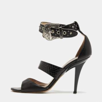 Pre Owned Jimmy Choo Black Embossed Python and Leather Studded Ankle Wrap Sandals Size 37