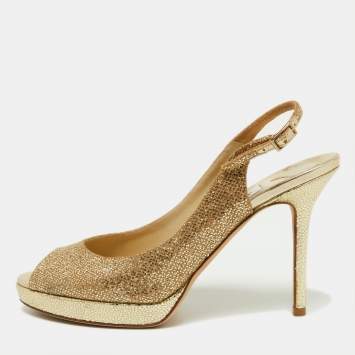 Pre Owned Jimmy Choo Gold Glitter and Leather Slingback Sandals Size 37.5