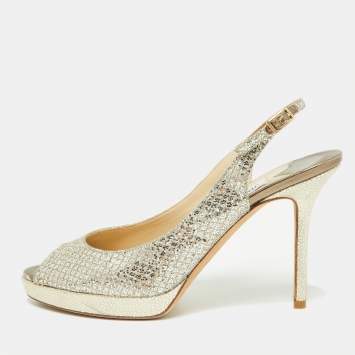 Pre Owned Jimmy Choo Gold Glitter And Lurex Fabric Nova Peep Toe Slingback Sandals Size 37.5