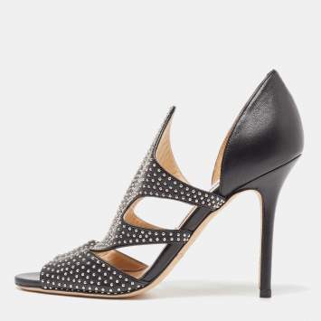 Pre Owned Jimmy Choo Black Leather Studded Tarine Peep Toe Sandals Size 38
