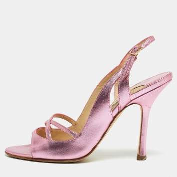 Pre Owned Jimmy Choo Metallic Pink Leather Slingback Sandals Size 37.5