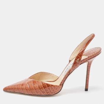 Pre Owned Jimmy Choo Brown Croc Embossed Leather Thandi Slingback Pumps 