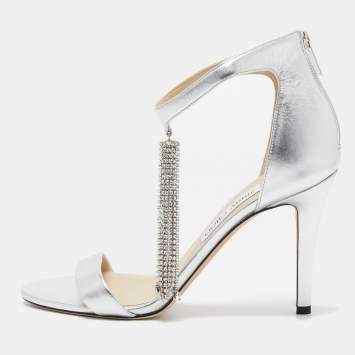 مملوكة مسبقًا Jimmy Choo Silver Leather Viola Embellished Sandals Size 40 