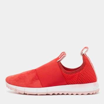 Pre Owned Jimmy Choo Red Suede and Mesh Oakland Low Top Sneakers Size 37