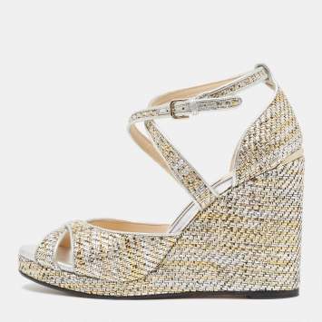 Pre Owned Jimmy Choo Multicolor Leather and Woven Wedge Ankle Strap Sandals Size 40