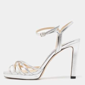 Pre Owned Jimmy Choo Silver Leather Lilah Ankle Strap Sandals Size 35.5
