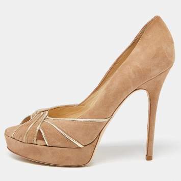 Pre Owned Jimmy Choo Light Brown Suede Peep Toe Platform Pumps Size 39