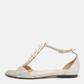 Pre Owned Jimmy Choo Metallic Glitter Nubuck Leather Bella Flat Sandals Size 37.5