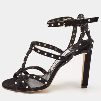 Pre Owned Jimmy Choo Black Suede Faux Pearl Studded Beverly Ankle Strap Sandals Size 35