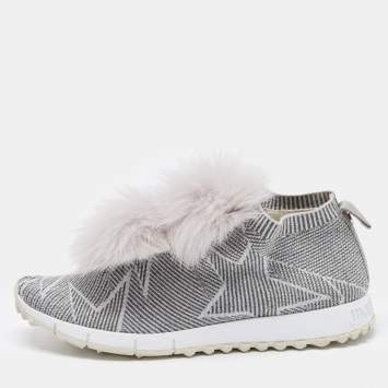 Pre Owned Jimmy Choo Grey Stretch Fabric  Fur Embellished High Top Sneakers Size 41