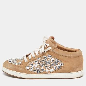 Pre Owned Jimmy Choo Beige Suede Miami Crystal Embellished Sneakers Size 41