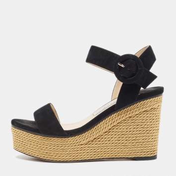 Pre Owned Jimmy Choo Black Suede Abigail Wedge Platform Ankle Strap Sandals Size 40.5