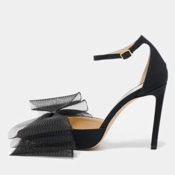 Pre Owned Jimmy Choo Black Canvas Aveline Bow Ankle Strap Pumps Size 37.5