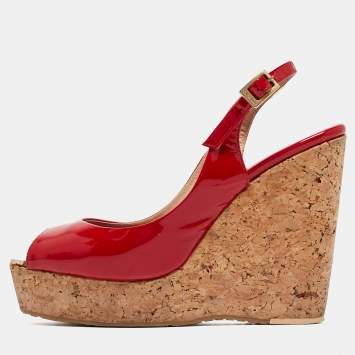 Pre Owned Jimmy Choo Red Patent Leather Prova Wedge Sandals Size 39