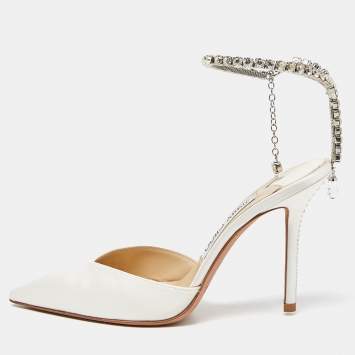 مملوكة مسبقًا Jimmy Choo Off White Satin Saeda Crystals Ankle Strap Pumps Size 36.5