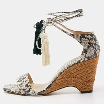 Pre Owned Jimmy Choo Brown/Cream Python Leather Wedge Sandals Size 40.5