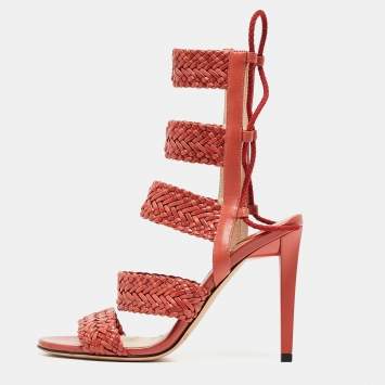 Pre Owned Jimmy Choo Orange Braided Leather and Suede Lima Gladiator Sandals Size 36