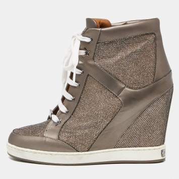 Pre Owned Jimmy Choo Metallic Leather and Lurex Fabric Tokyo Wedge Sneakers Size 37
