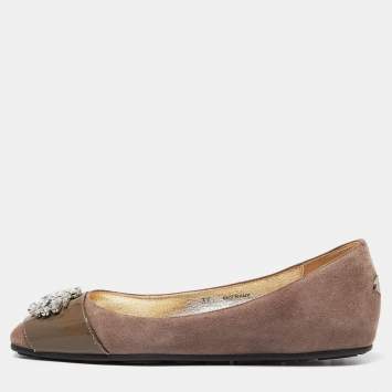 Pre Owned Jimmy Choo Brown Suede and Patent Crystal Embellished Ballet Flats Size 37