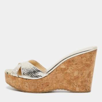 Pre Owned Jimmy Choo Gold Textured Leather Perfume Wedge Slide Sandals Size 37