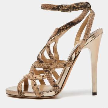 Pre Owned Jimmy Choo Beige Python Embossed Leather Ankle Strap Sandals Size 38