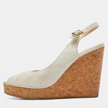 Pre Owned Jimmy Choo Grey Faux Leather Prova Slingback Cork Wedge Sandals Size 40.5