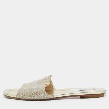 Pre Owned Jimmy Choo Golden Glitter and Leather Nanda Slides Size 38