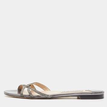 Pre Owned Jimmy Choo Metallic Glitter and Leather Strappy Flat Sandals Size 39