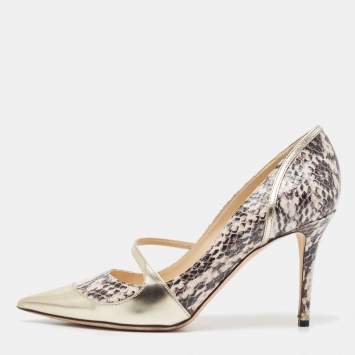Pre Owned Jimmy Choo Gold/Black Snakeskin Embossed and Leather Mantic Pumps Size 40