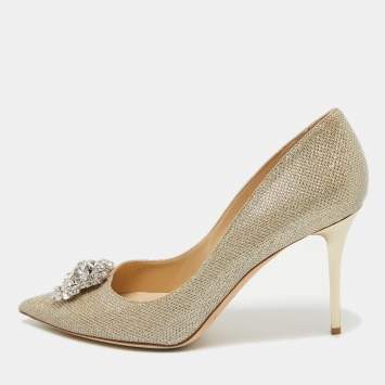 مملوكة مسبقًا Jimmy Choo Metallic Gold Lamè Glitter Fabric Crystal Embellished Mamey Pumps Size 40