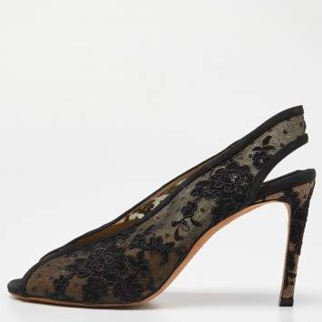 Pre Owned Jimmy Choo Black Lace,Suede and Mesh Shar Open-Toe Slingback Sandals Size 39