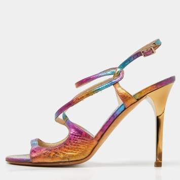 Pre Owned Jimmy Choo Multicolor Python Embossed Leather Criss Cross Strap Sandals Size 38