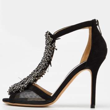 Pre Owned Jimmy Choo Black Suede and Mesh Beaded Embellished Sandals Size 38