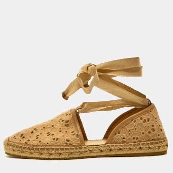 Pre Owned Jimmy Choo Beige Lace Embroidered Ankle Wrap Espadrille Flats Size 40