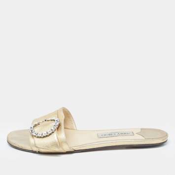Pre Owned Jimmy Choo Gold Leather Crystal Embellished Buckle Flat Slides Size 40